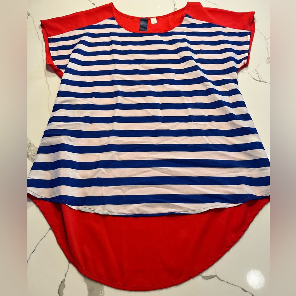 Blue and white striped with red back short sleeve blouse